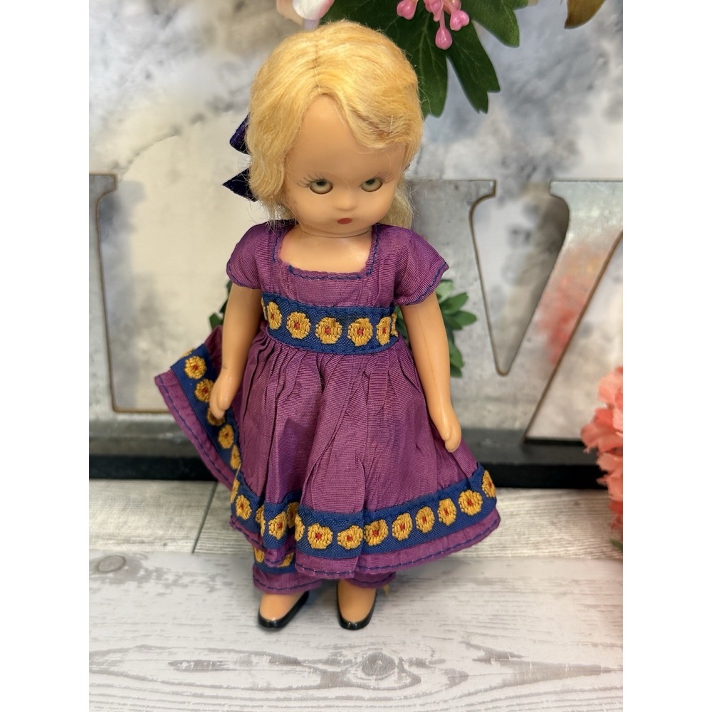Vintage‎ Nancy Ann Storybook Doll Blonde Blue Sleep Purple Dress Eye Rare 6.5"